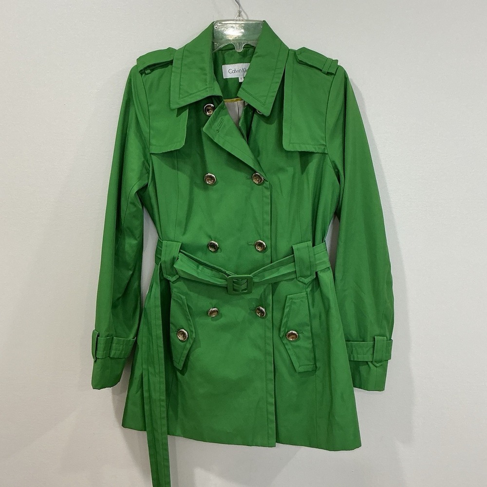 Calvin Klein Women's Trench Rain Coat Bright Green Women's Small With Pockets
